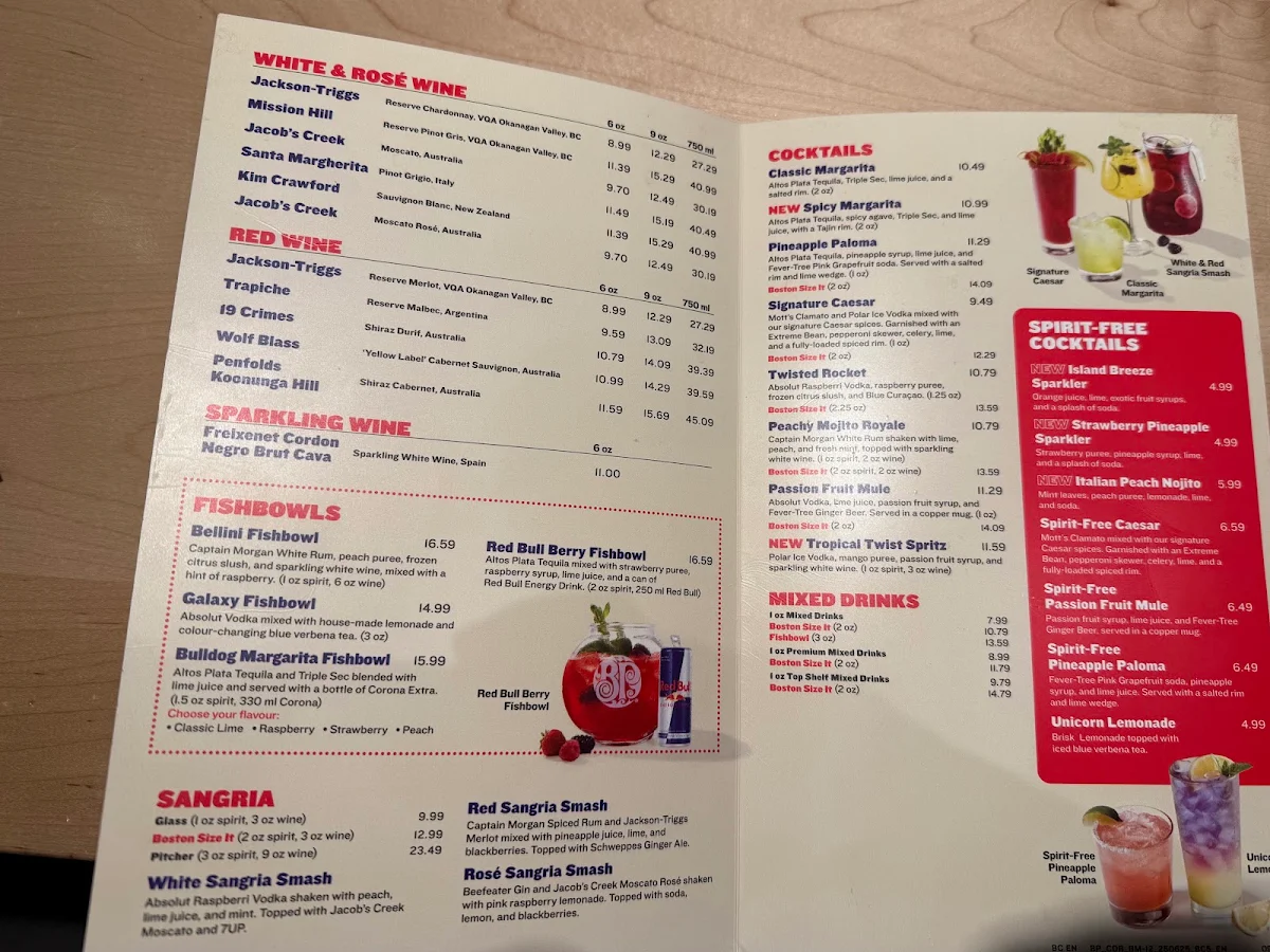 Menu, Boston Pizza