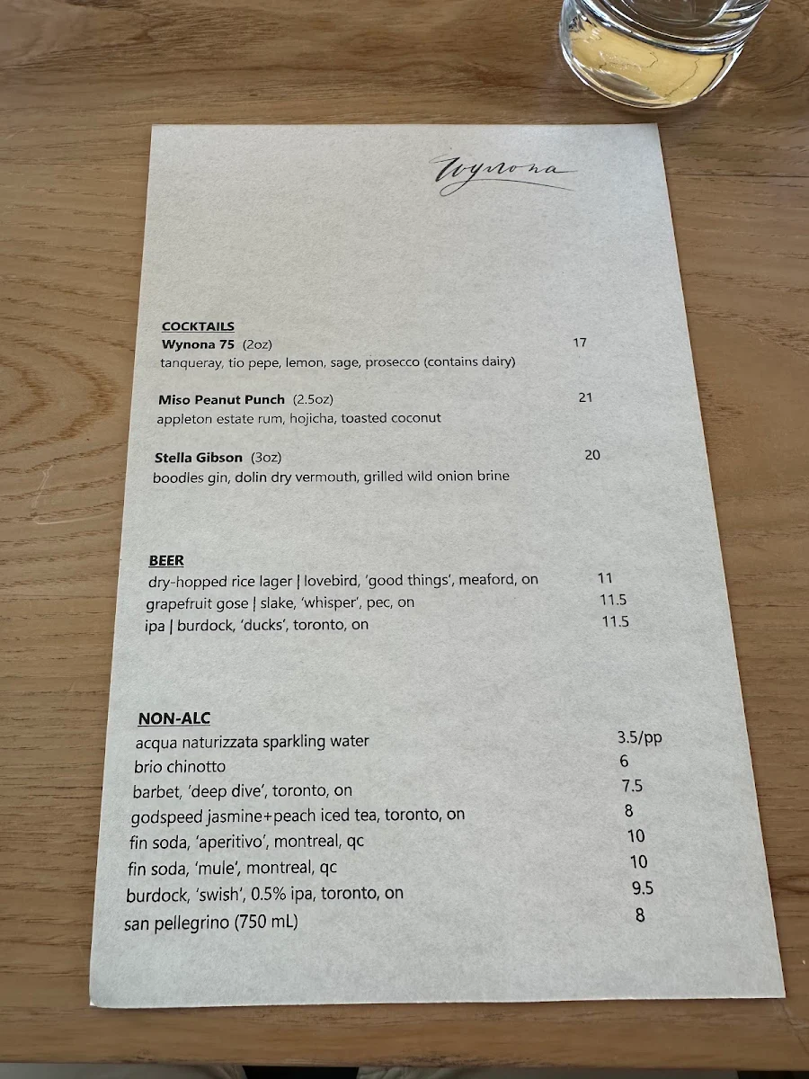 Menu, Wynona Toronto