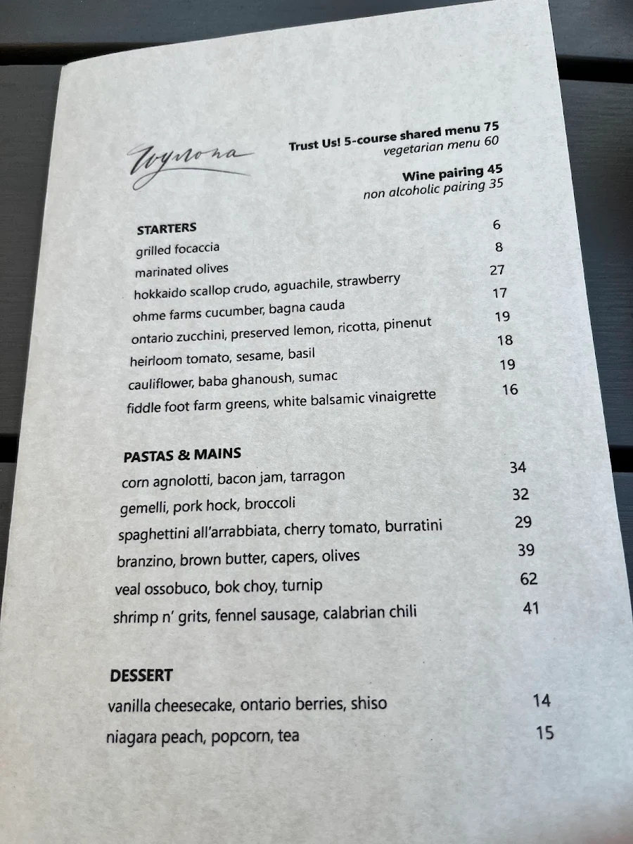 Menu, Wynona Toronto