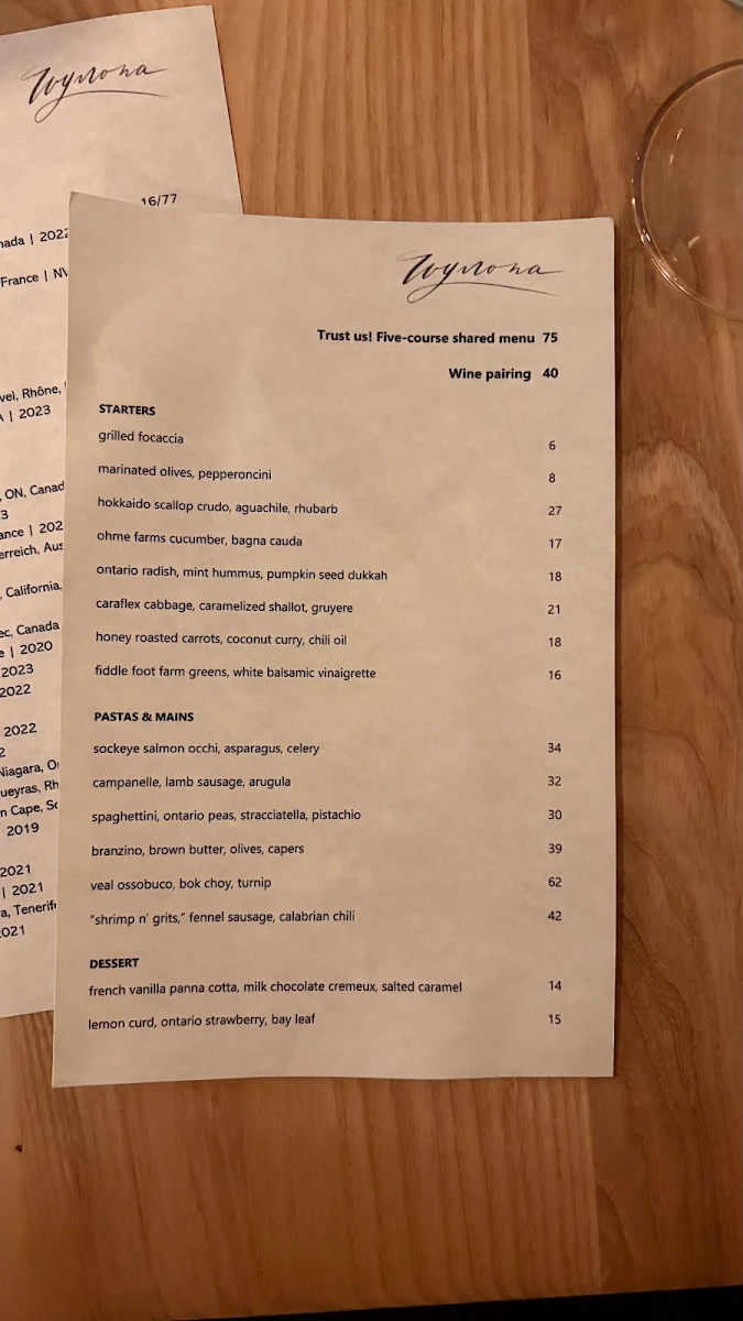 Menu, Wynona Toronto