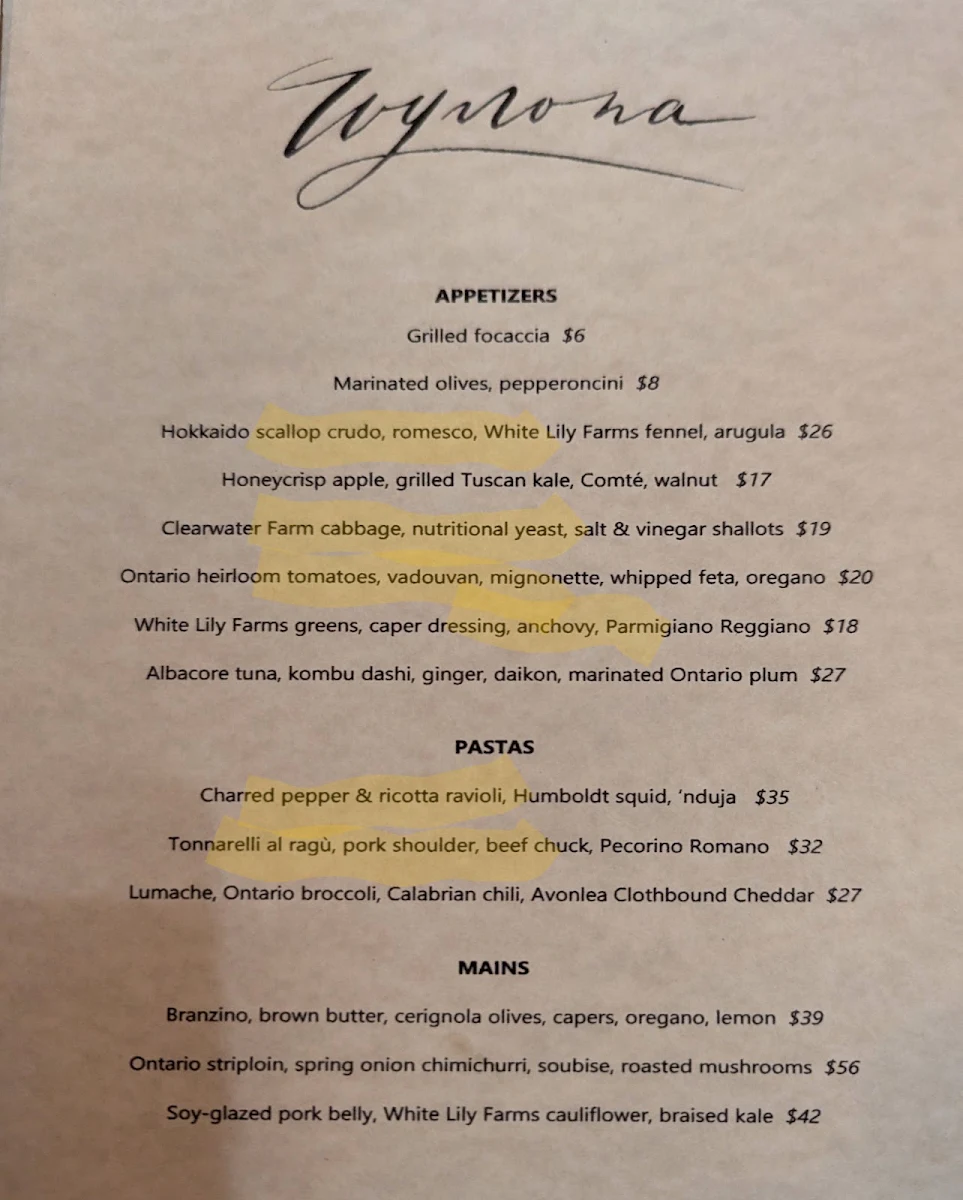 Menu, Wynona Toronto