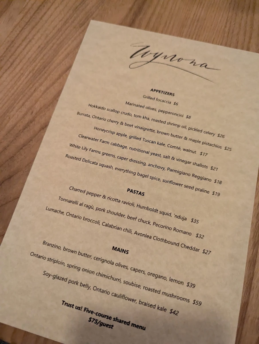Menu, Wynona Toronto