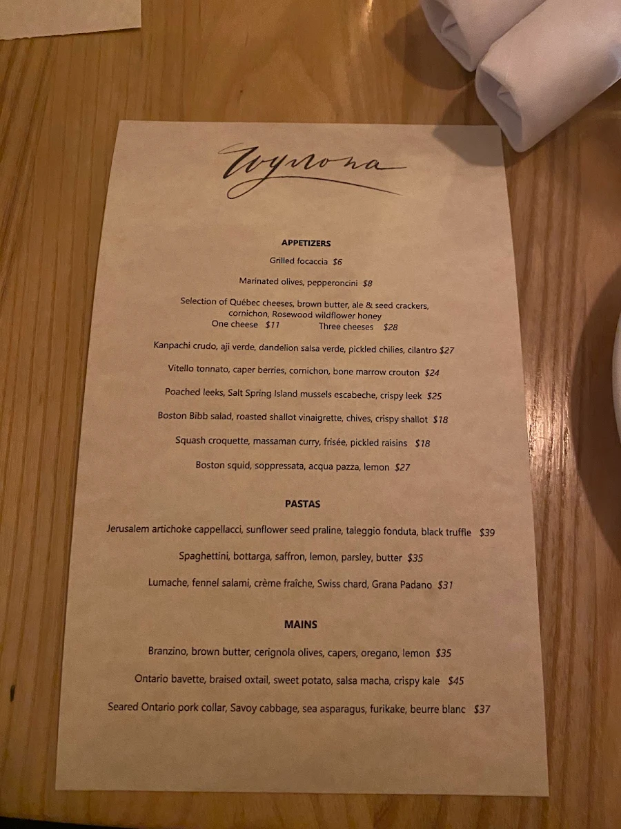 Menu, Wynona Toronto