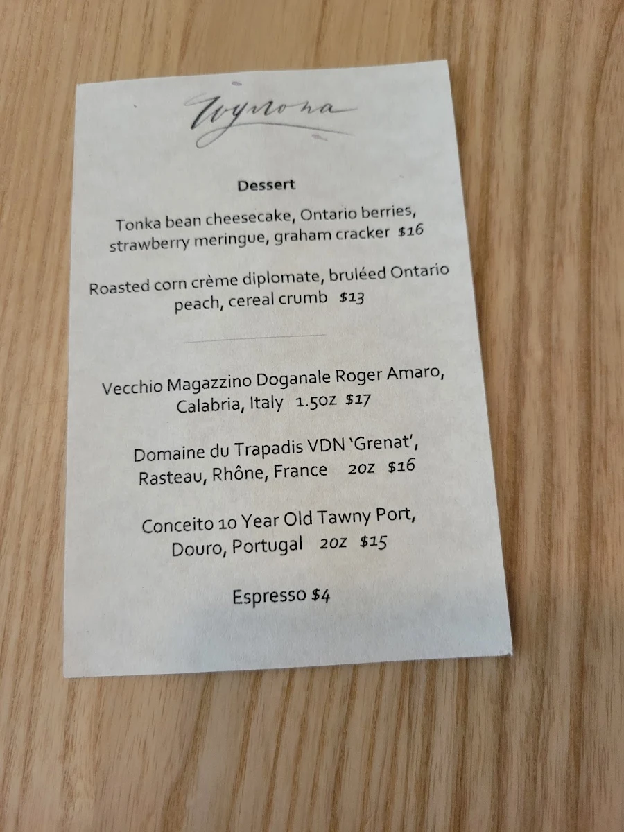 Menu, Wynona Toronto