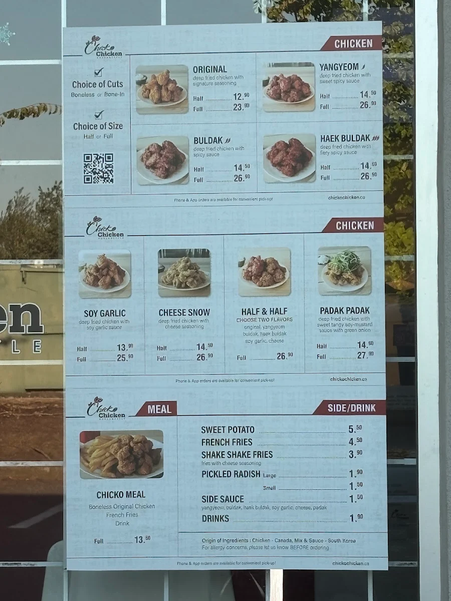 Menu, Chicko Chicken