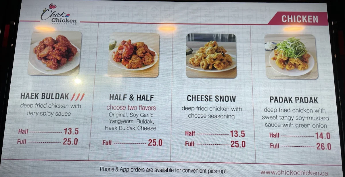Menu, Chicko Chicken