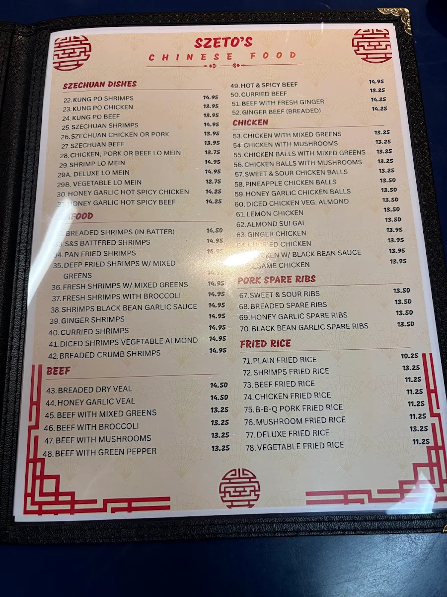 Menu, Pandora Inn Szeto