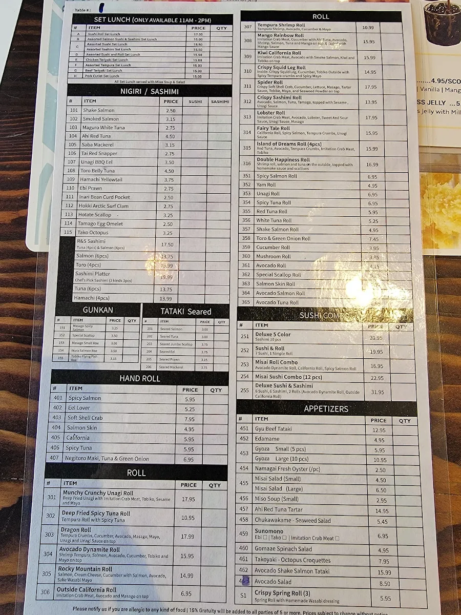 Menu, Misai Japa Cafe