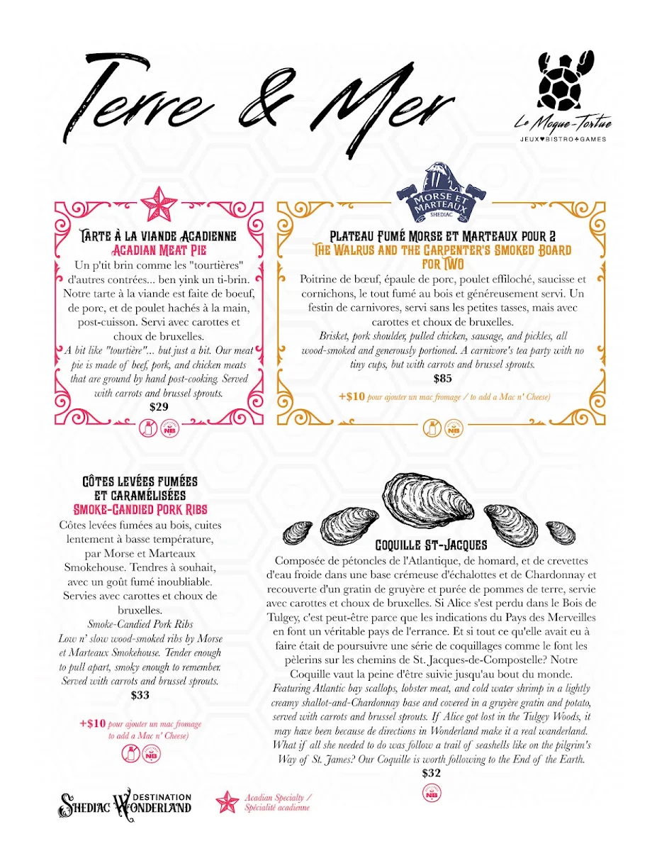 Menu, Le Moque-Tortue