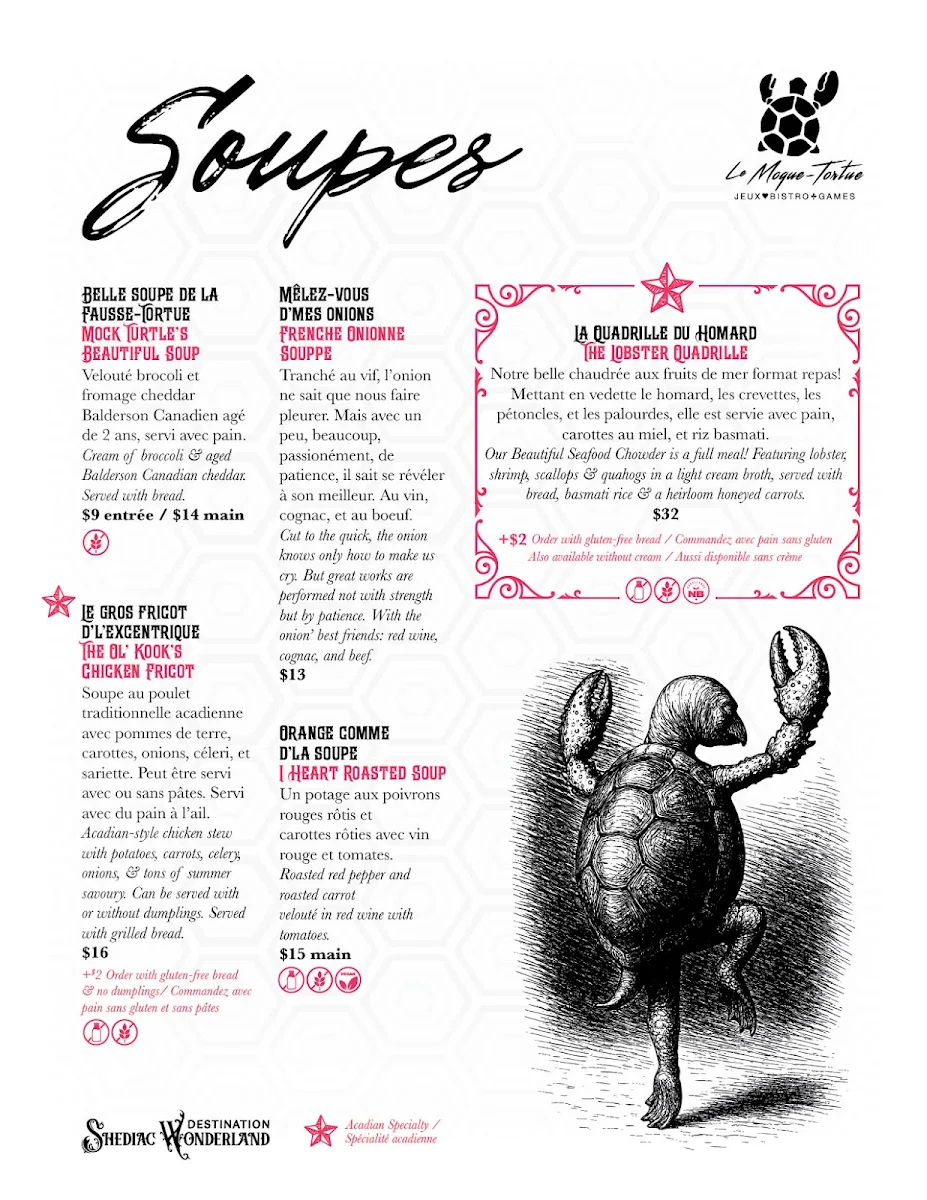 Menu, Le Moque-Tortue