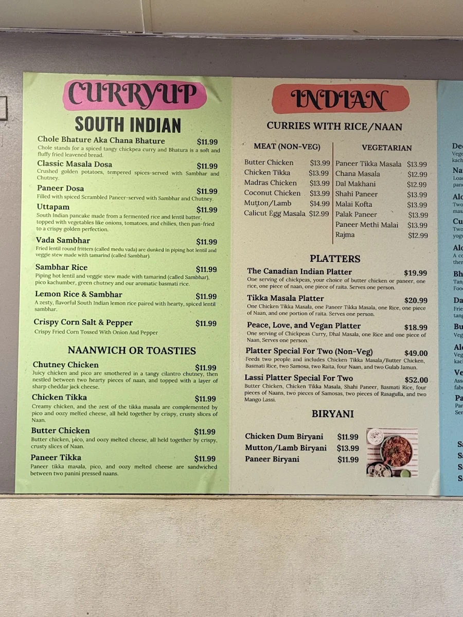 Menu, Curry Up Indian eatery