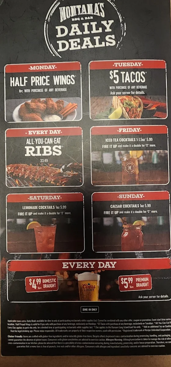Menu, Montana’s BBQ & Bar