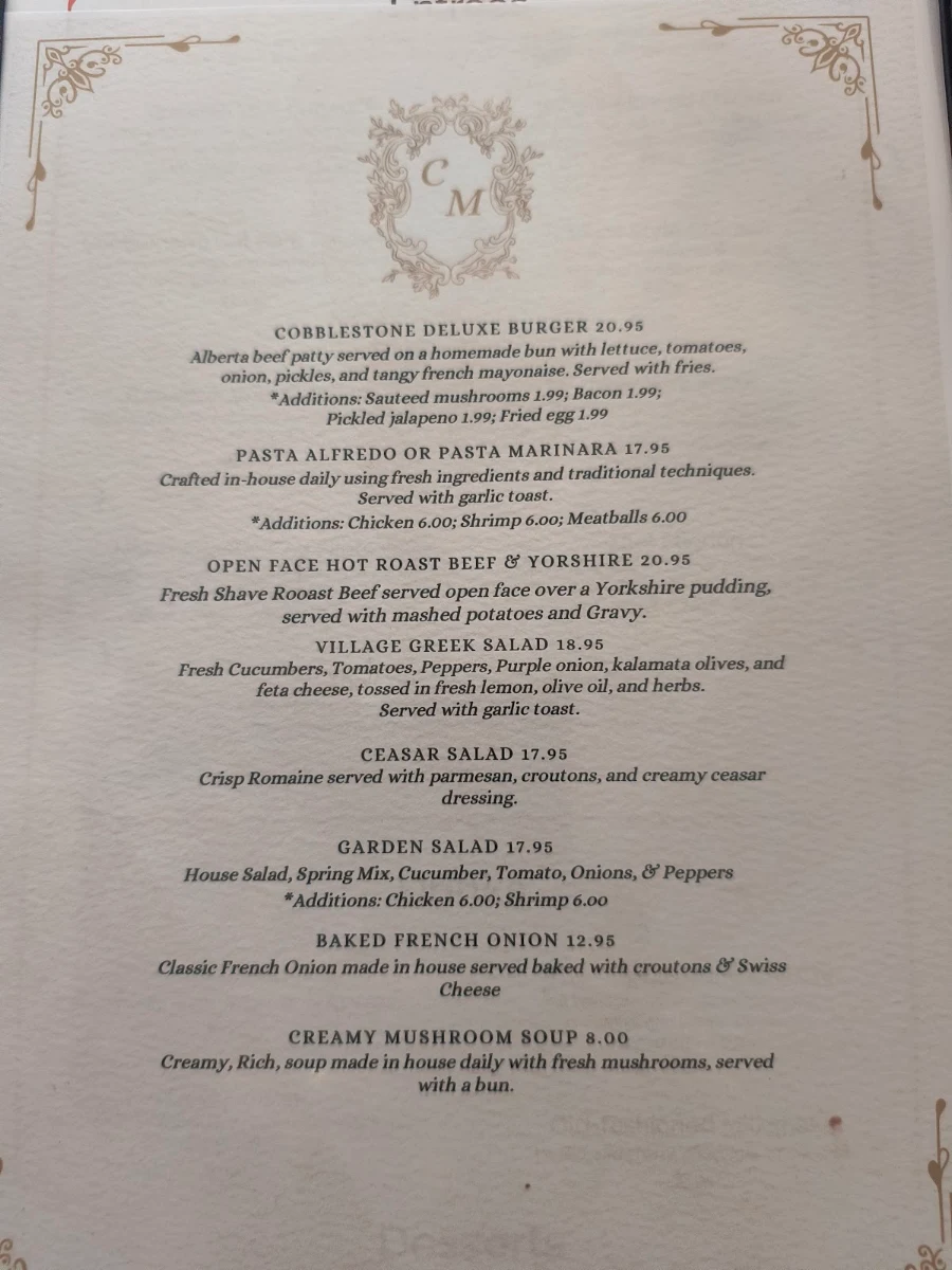 Menu, The Cobblestone Manor
