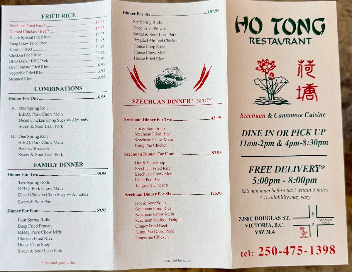 Menu, Ho Tong Restaurant
