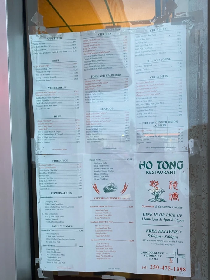 Menu, Ho Tong Restaurant