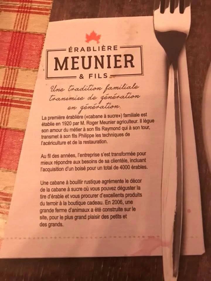Menu, Érablière Meunier