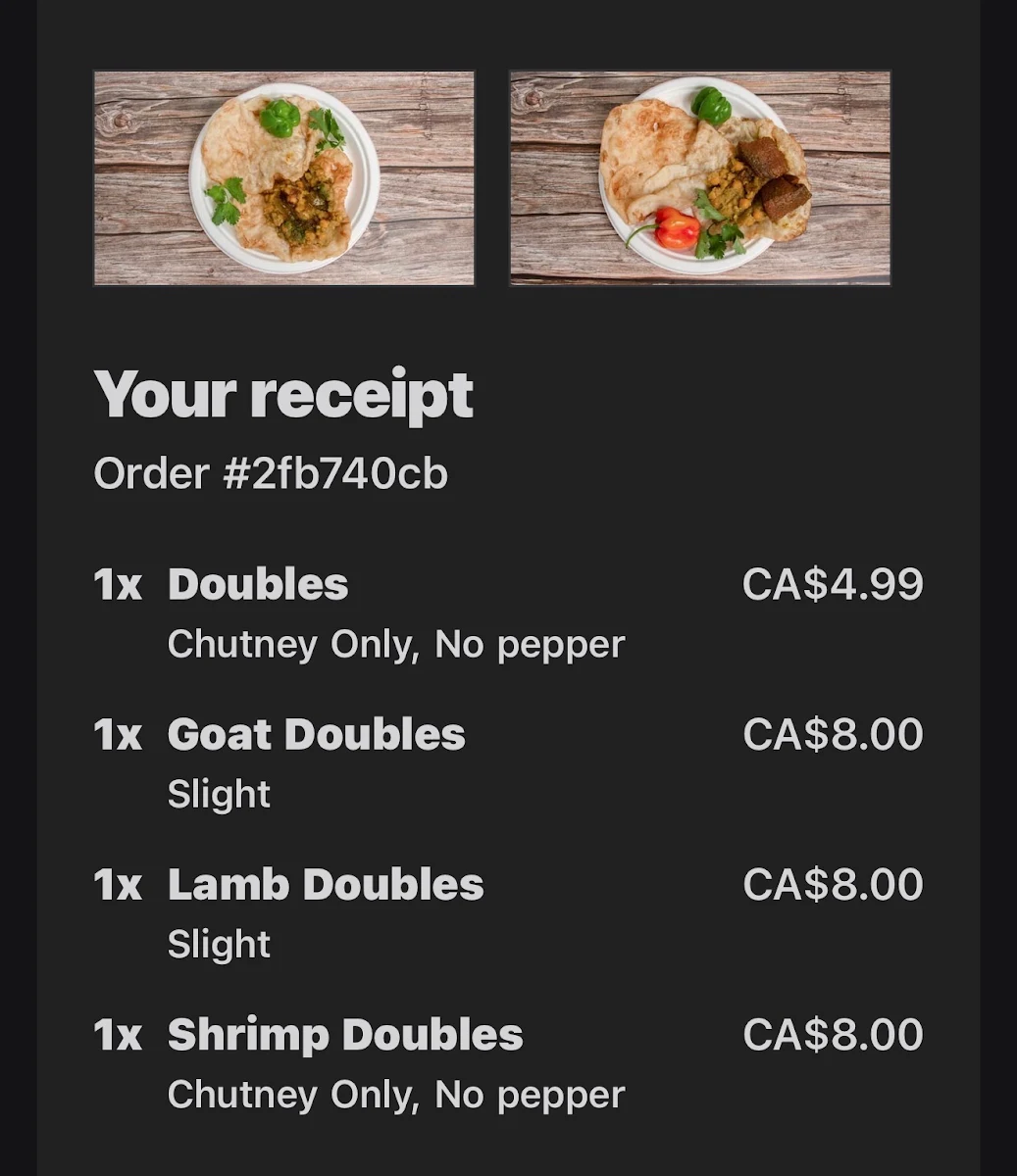 Menu, Kish’s Roti & Doubles