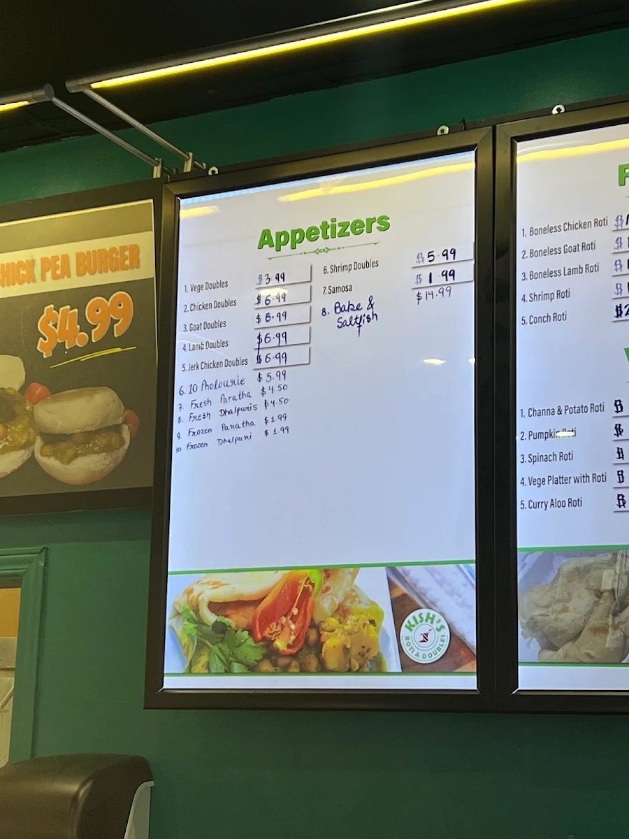 Menu, Kish’s Roti & Doubles