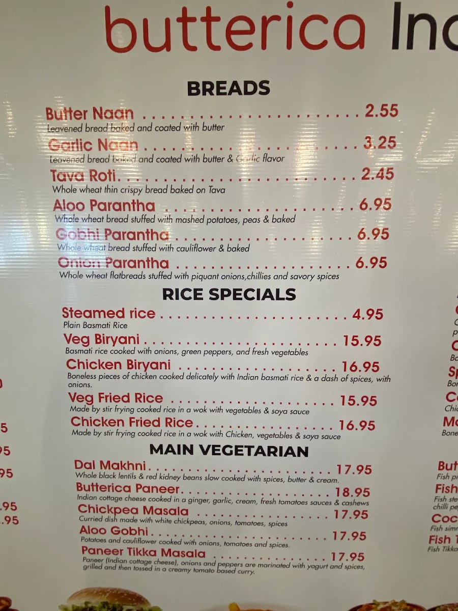 Menu, Butterica Indian Kitchen