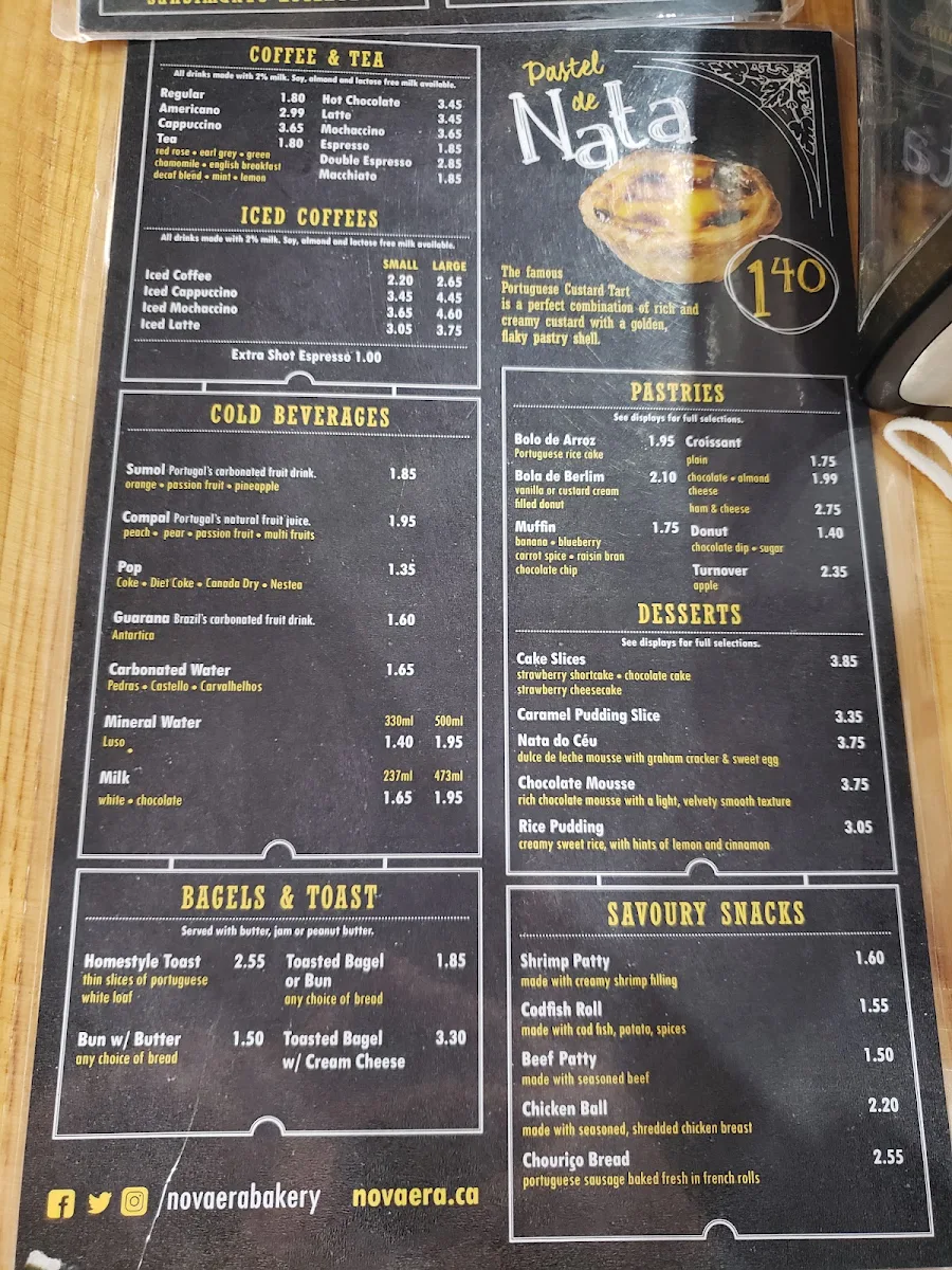 Menu, Nova Era Bakery & Pastry