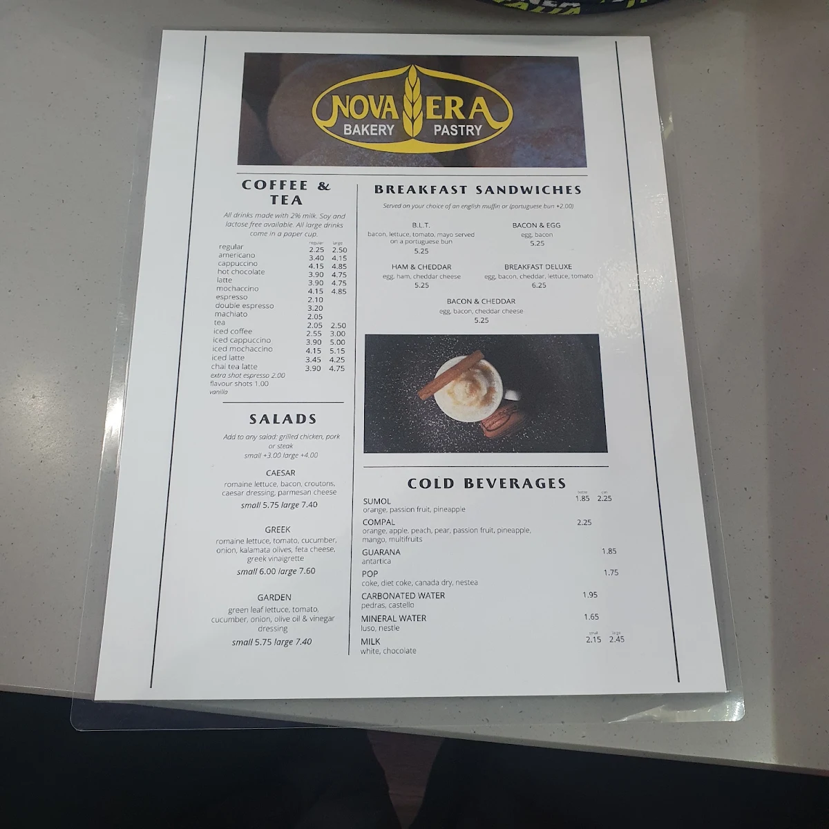 Menu, Nova Era Bakery & Pastry