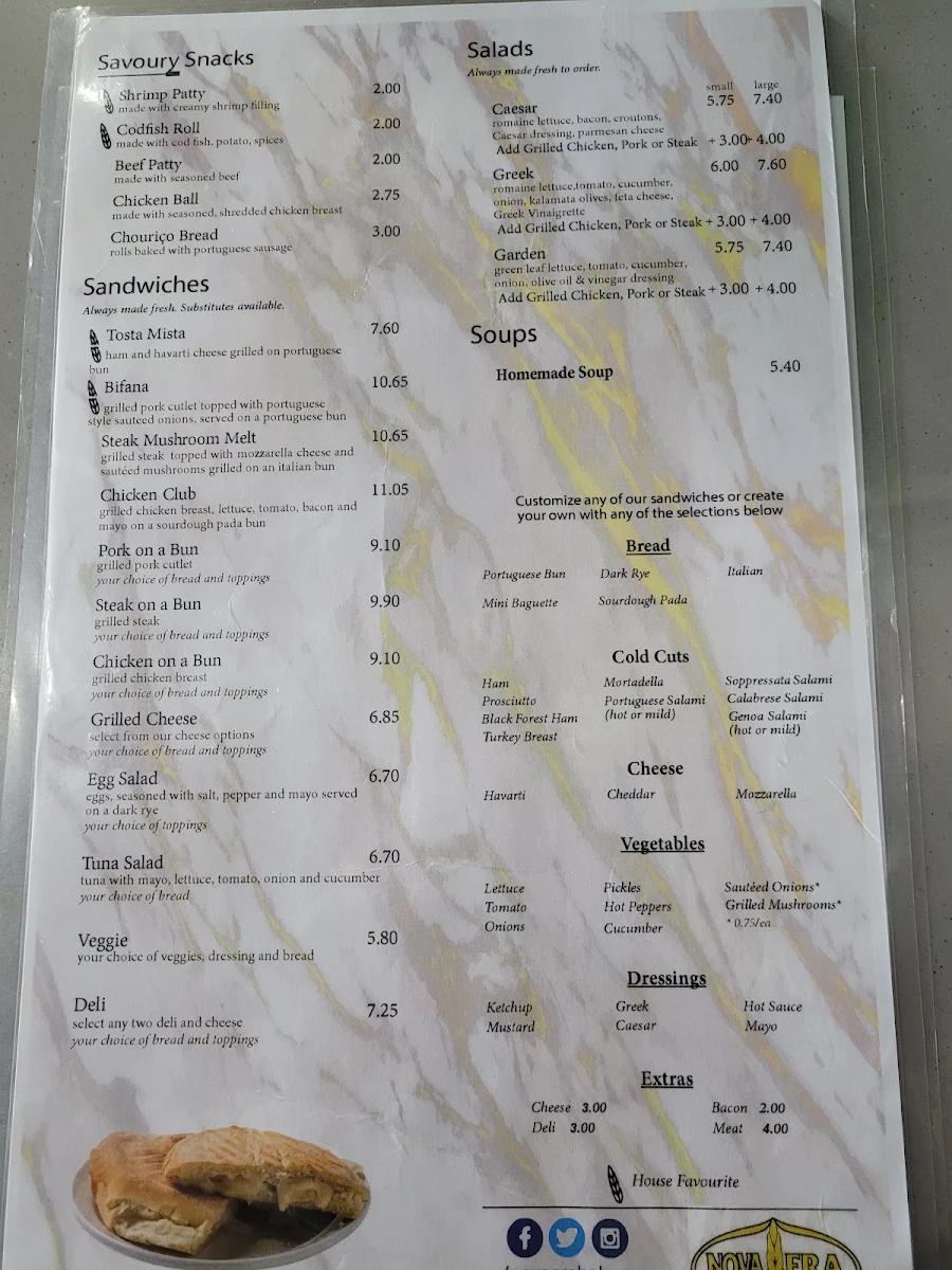 Menu, Nova Era Bakery & Pastry