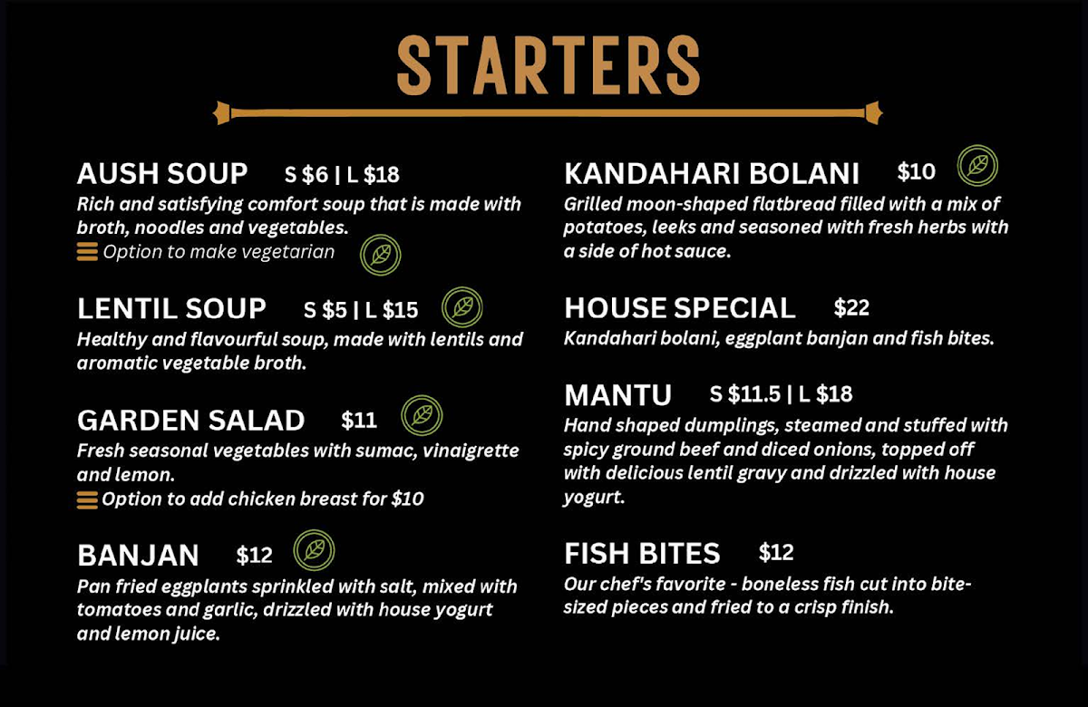 Menu, Afghan Flame