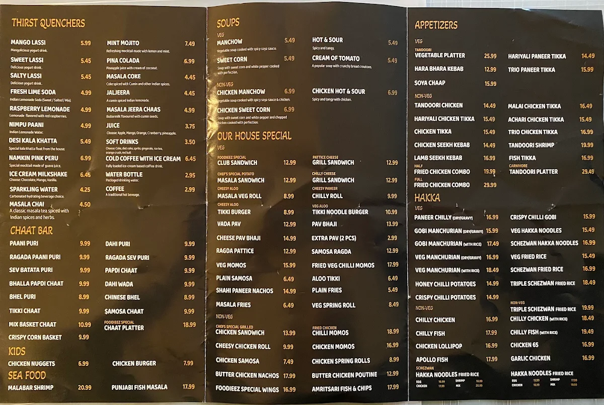 Menu, Foodieez Indian and Hakka cuisine