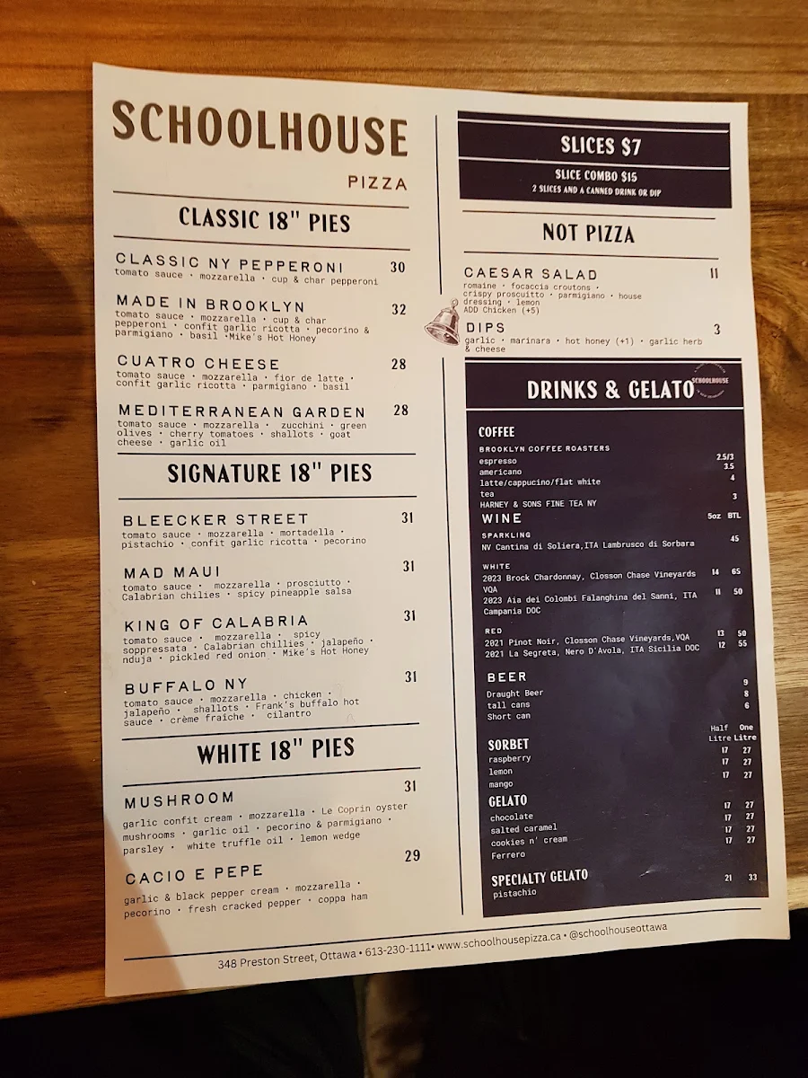 Menu, Schoolhouse Pizza