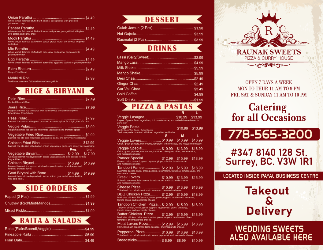 Menu, Raunak Sweets Pizza and Curry House (Previously known as Billy’s Pizza and Curry House)