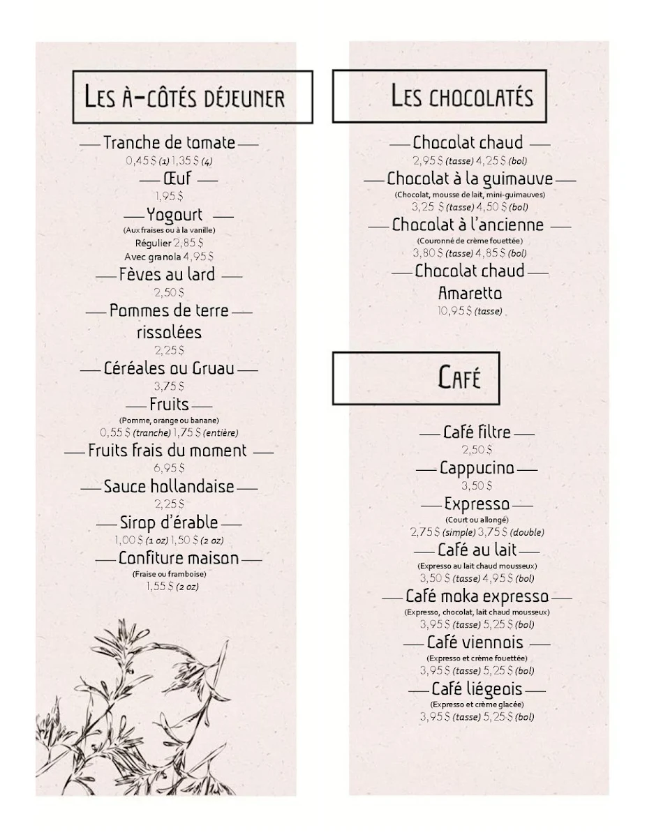 Menu, Cafe Des Halles Enr