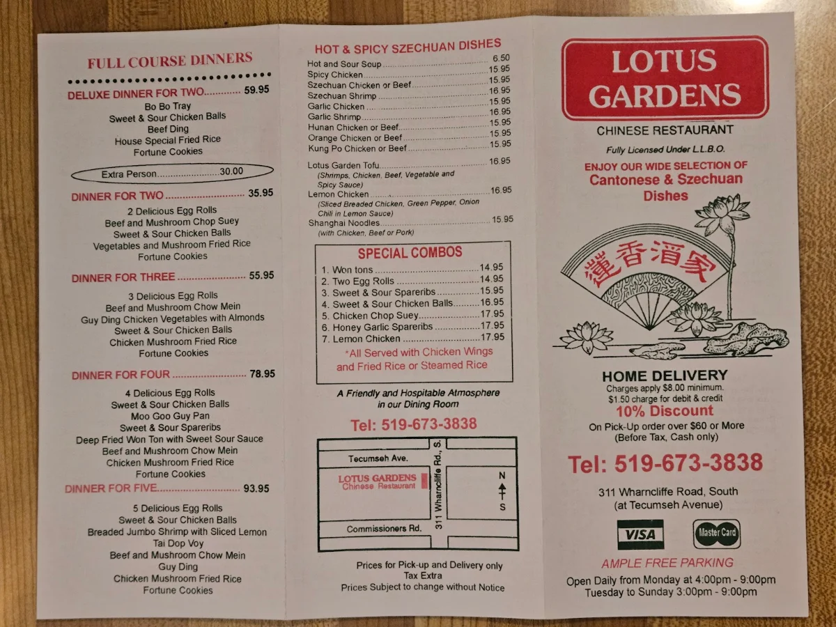 Menu, Lotus Gardens