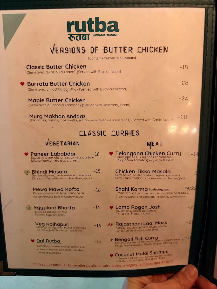 Menu, Rutba - Indian Cuisine