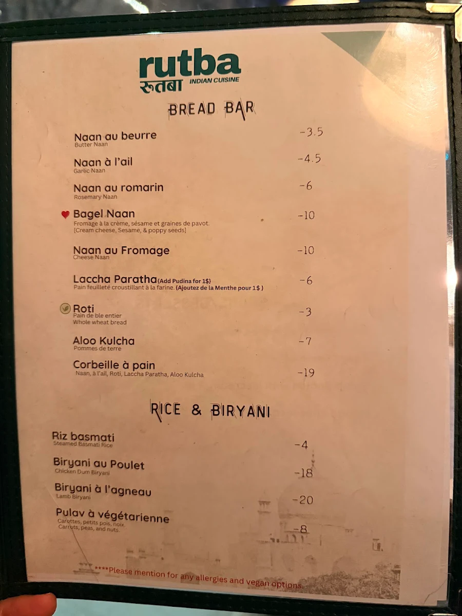 Menu, Rutba - Indian Cuisine