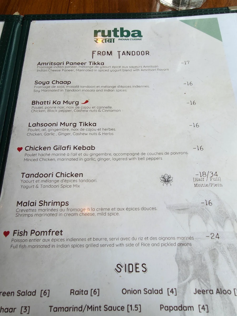 Menu, Rutba - Indian Cuisine