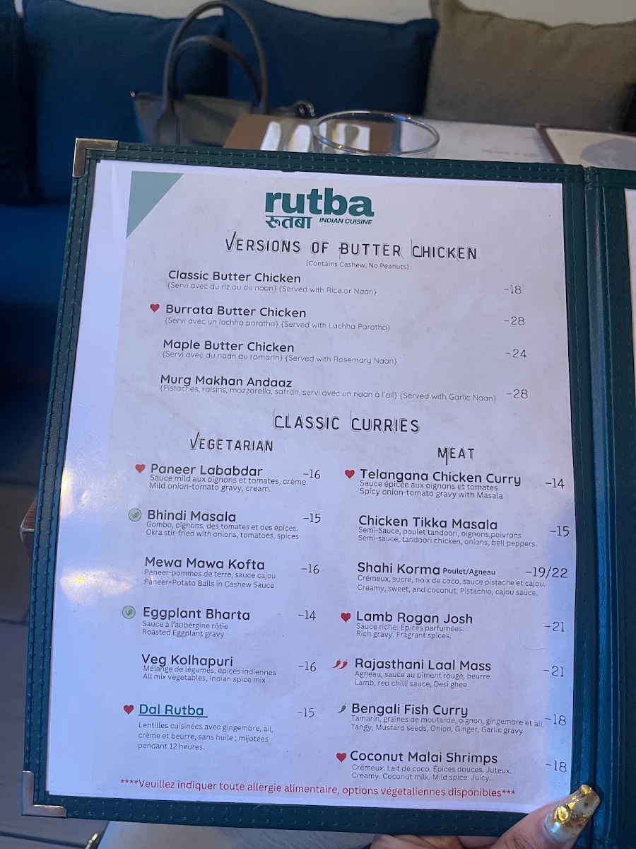 Menu, Rutba - Indian Cuisine