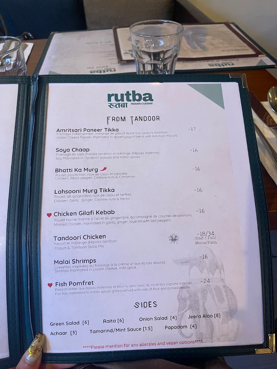 Menu, Rutba - Indian Cuisine