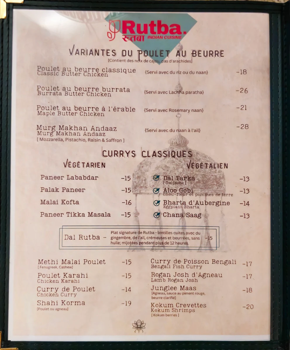Menu, Rutba - Indian Cuisine