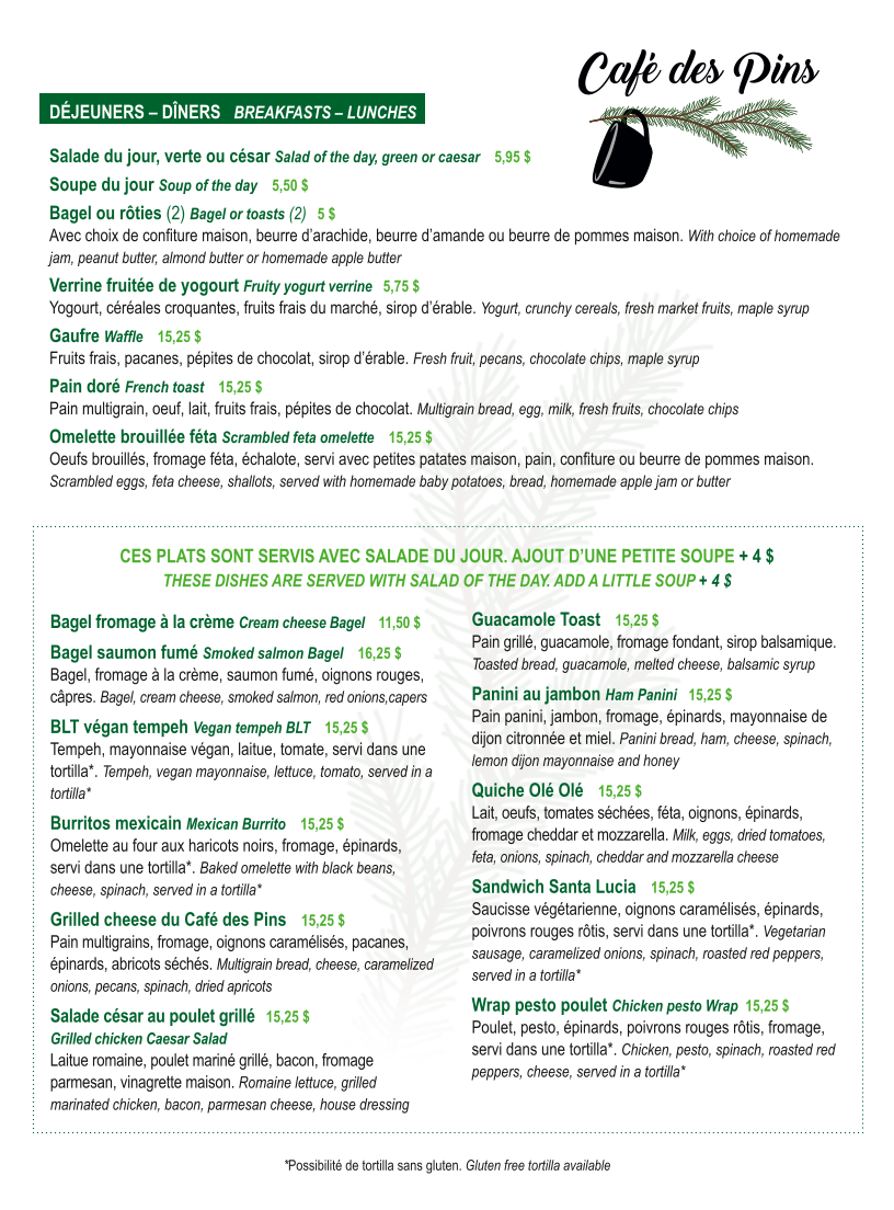 Menu, Café des Pins