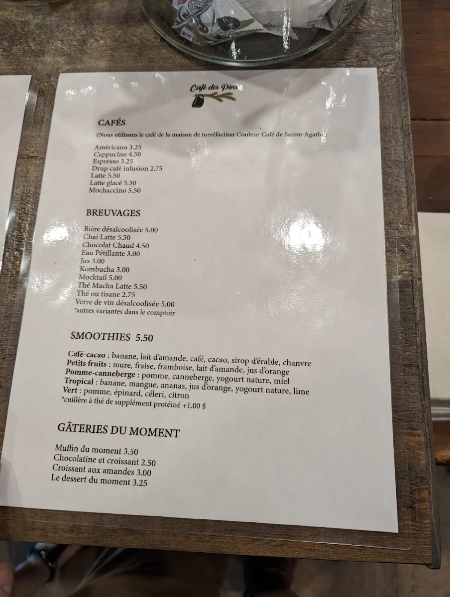 Menu, Café des Pins