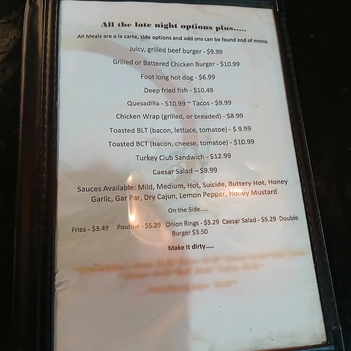 Menu, Ouroboros Sports Lounge