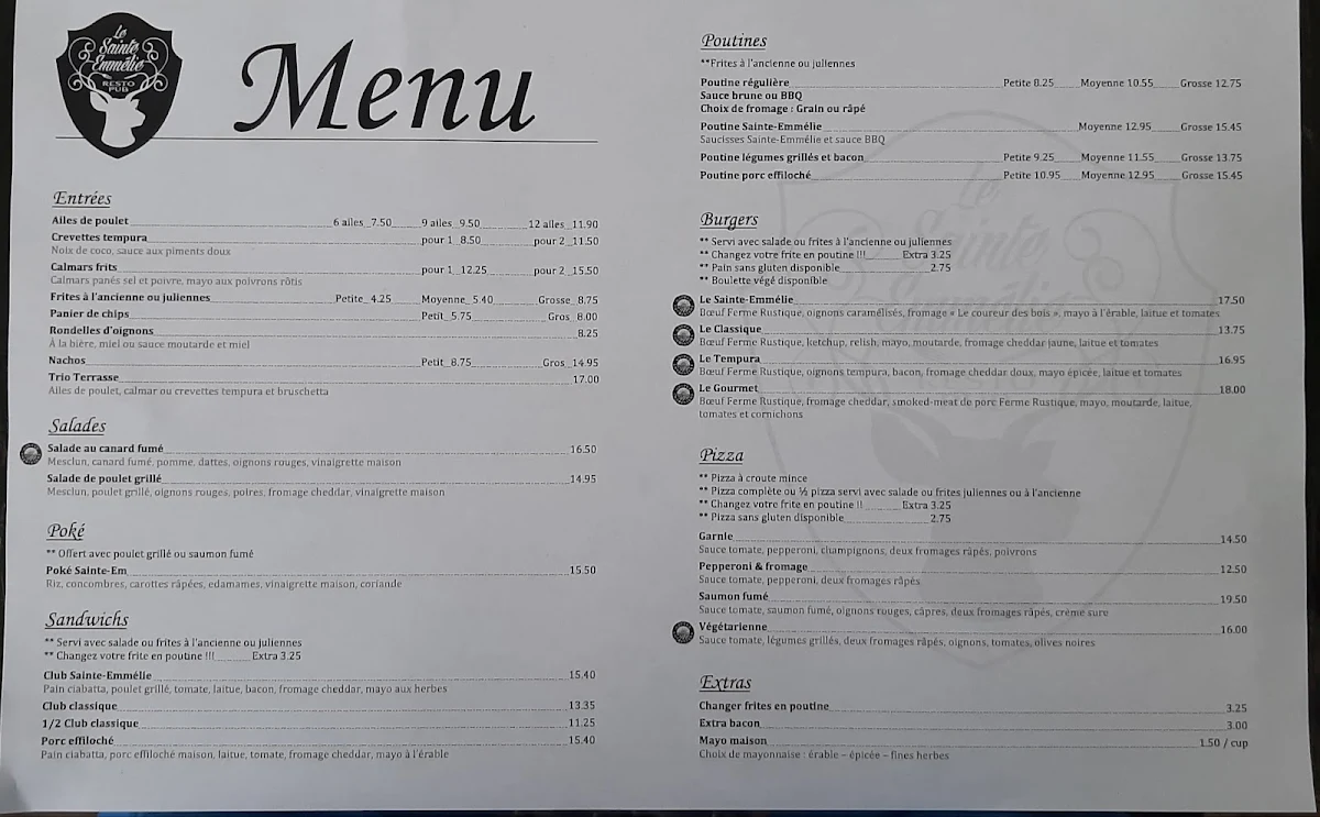 Menu, Le Sainte-Emmélie resto-pub
