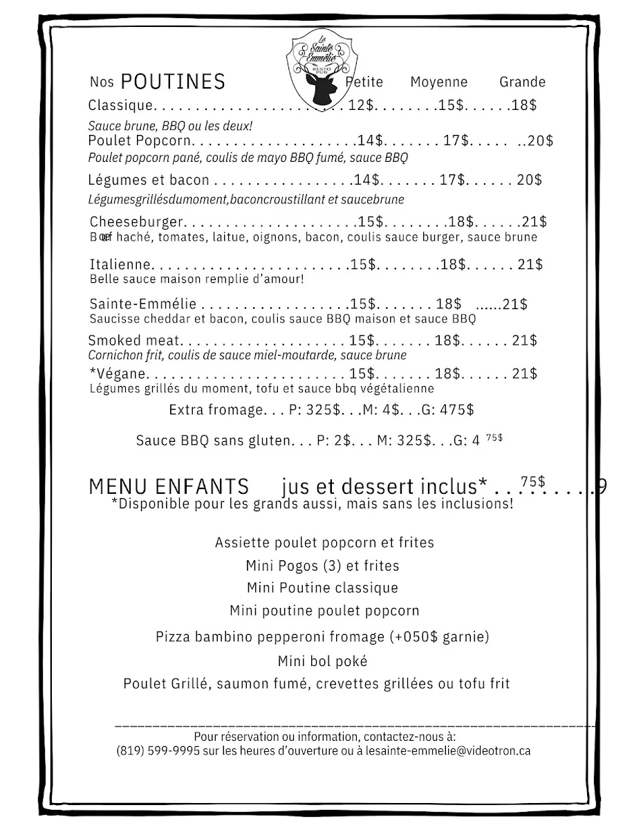 Menu, Le Sainte-Emmélie resto-pub