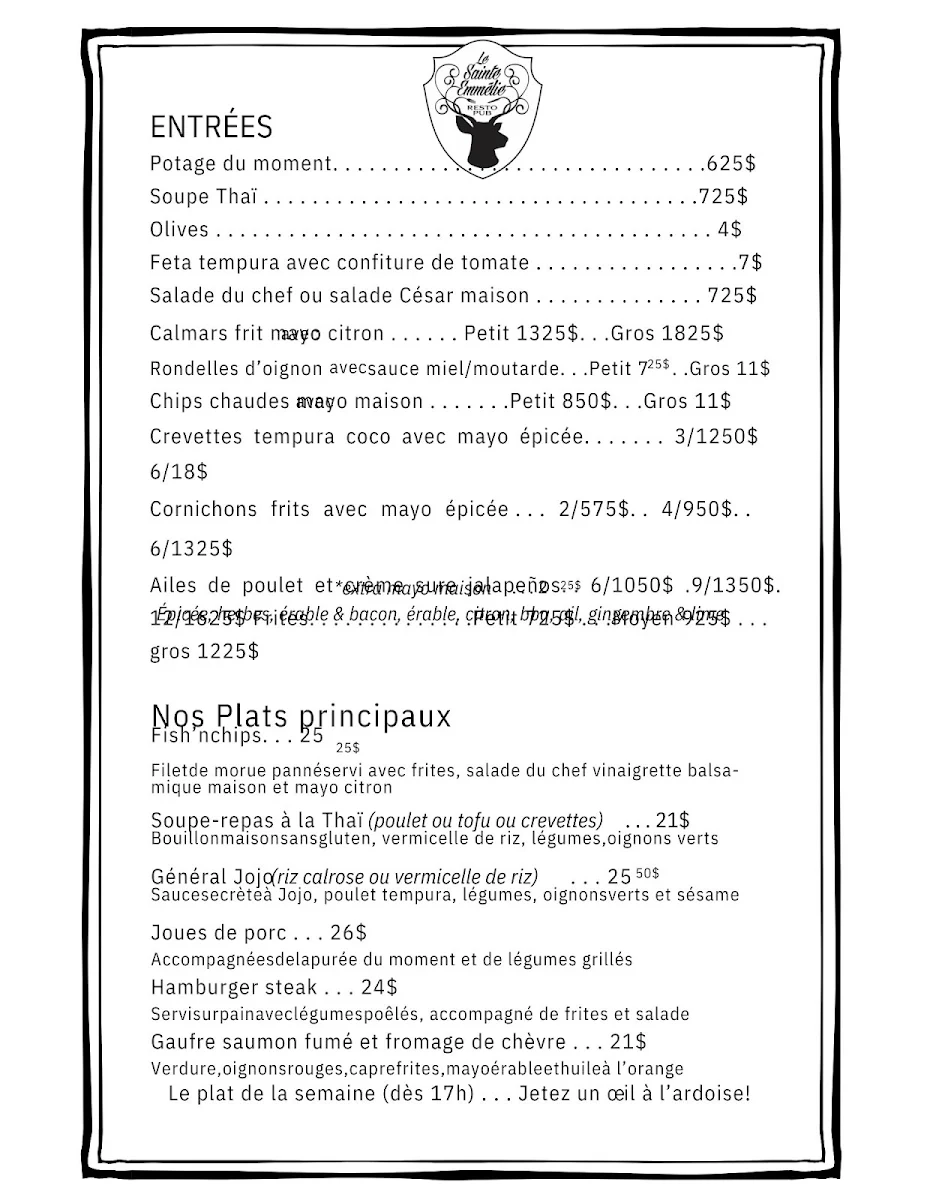 Menu, Le Sainte-Emmélie resto-pub