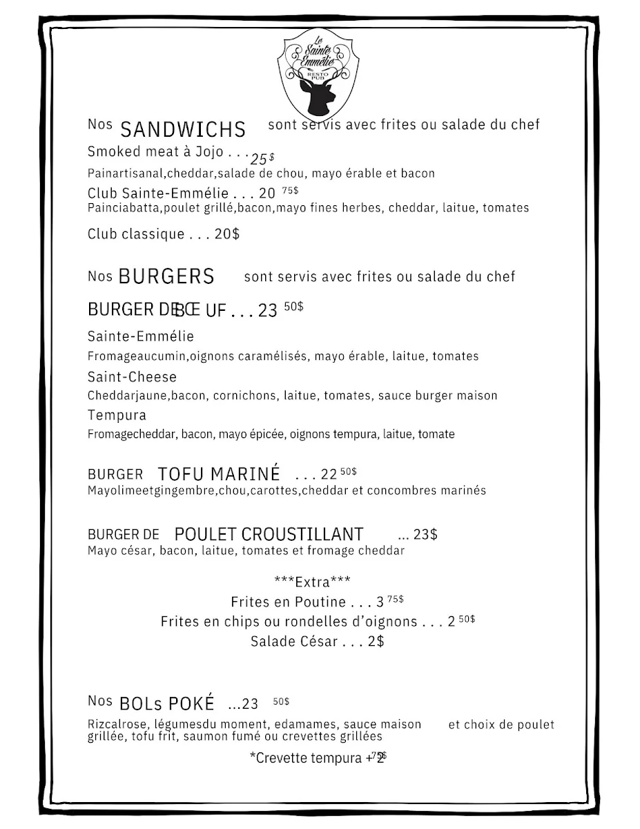 Menu, Le Sainte-Emmélie resto-pub