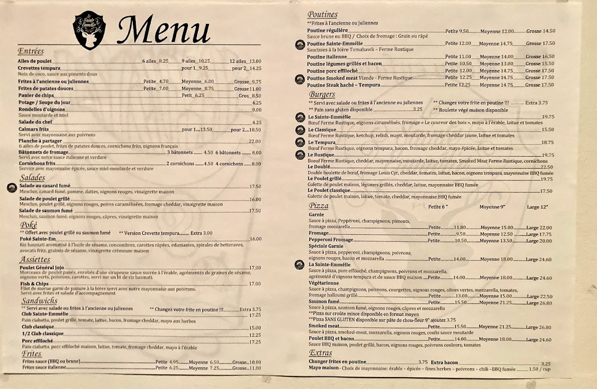 Menu, Le Sainte-Emmélie resto-pub