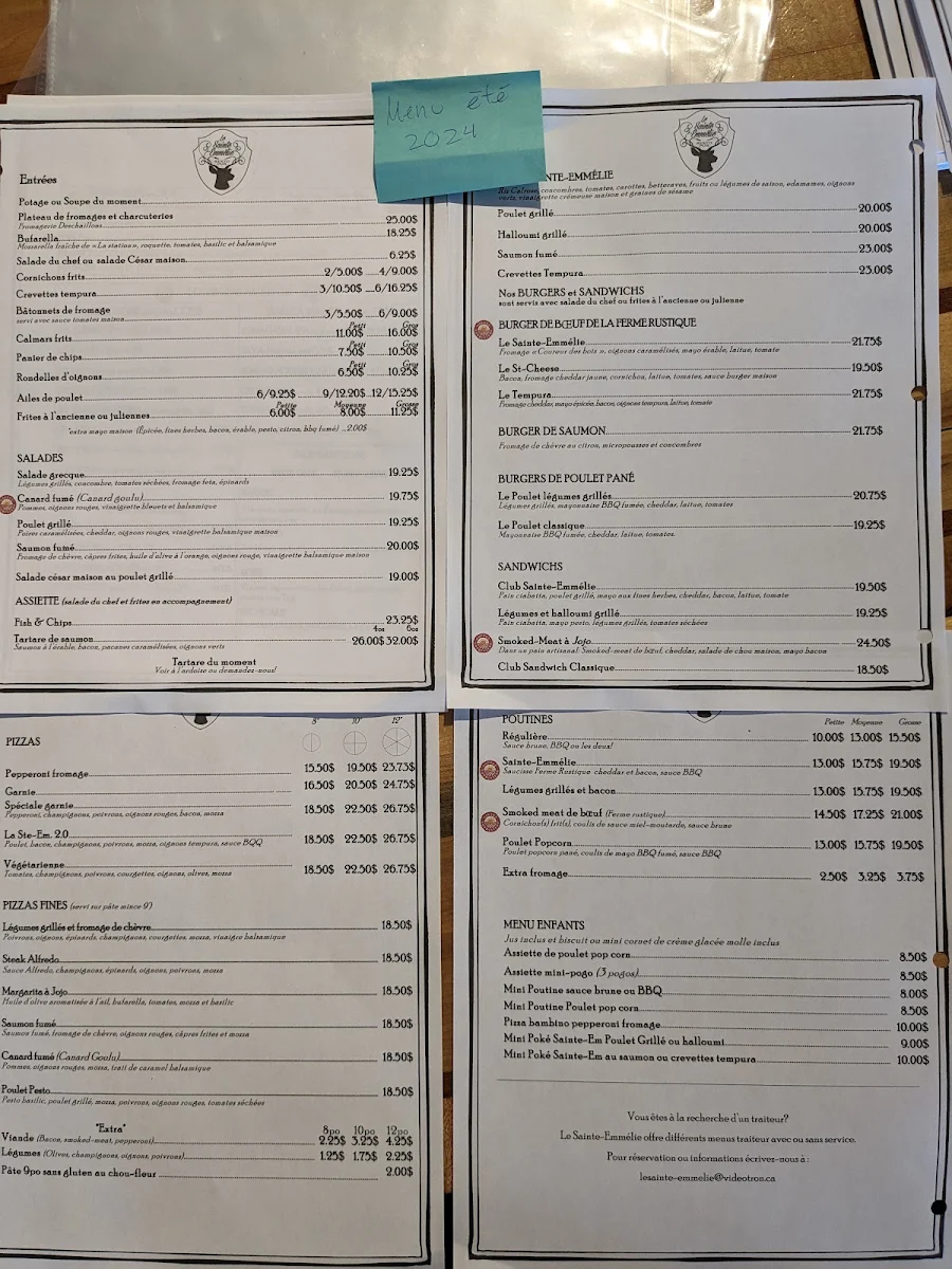 Menu, Le Sainte-Emmélie resto-pub