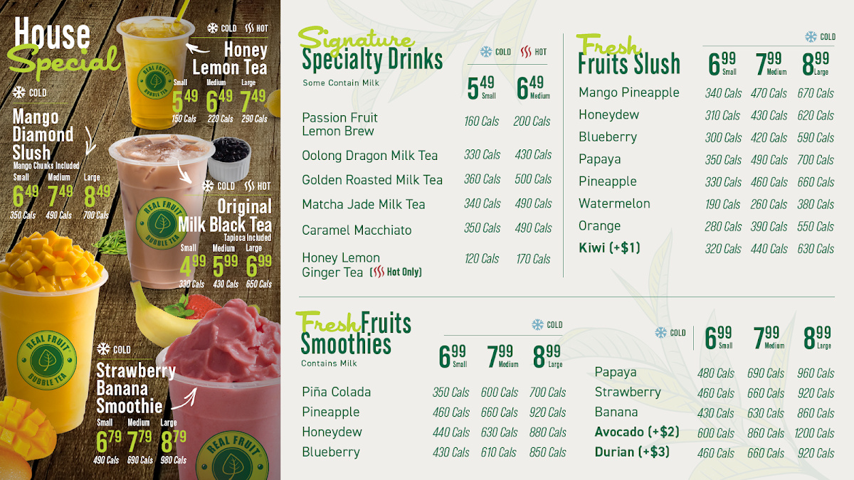 Menu, Real Fruit Bubble Tea