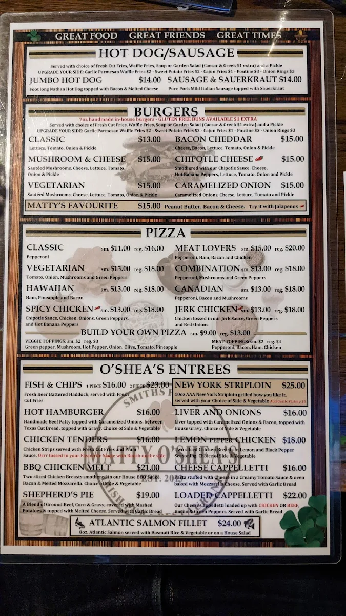 Menu, Matty O'Shea's Pub