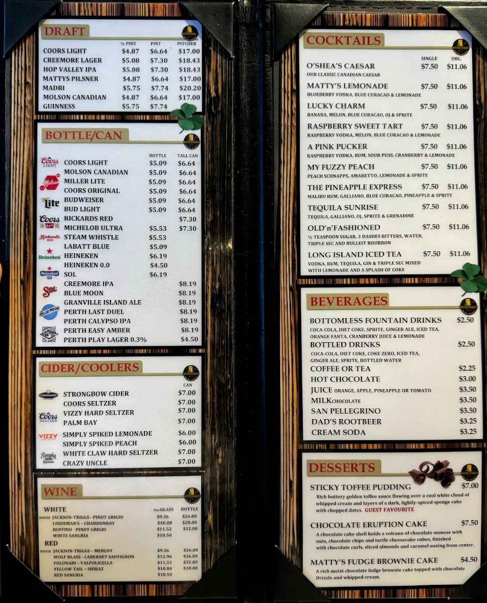 Menu, Matty O'Shea's Pub
